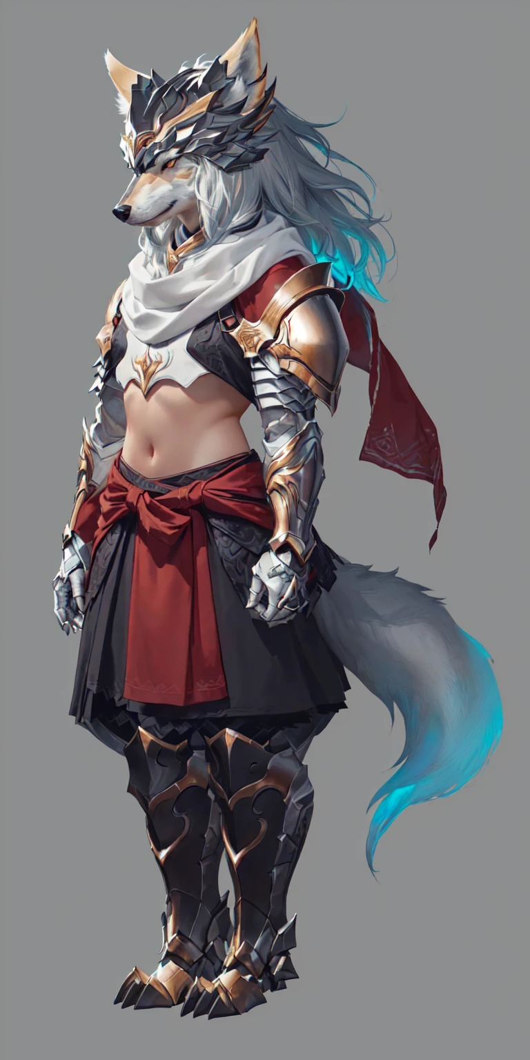 Close-up of man in wolf costume, Wolf-inspired armor, detailed Whole body concept art, detailed Whole body concept, Anthropomorphic wolf girl, Wearing a white scarf,Whole body concept, Wolf Armor, Minotaur Wolf, High resolution commissions, Female Warrior, Full body character concept, Whole body concept art, Female body