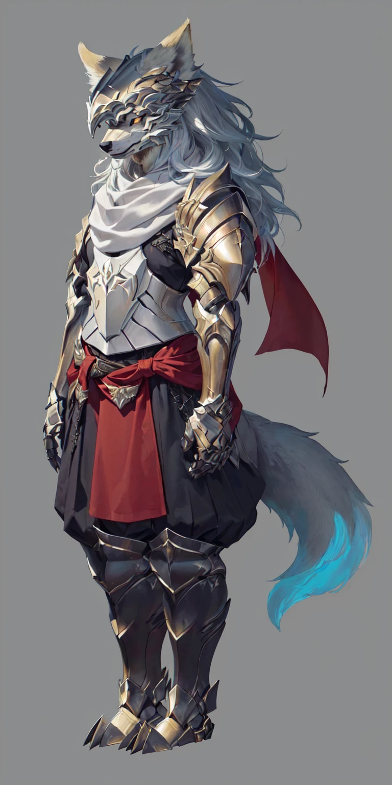 Close-up of man in wolf costume, Wolf-inspired armor, detailed Whole body concept art, detailed Whole body concept, Anthropomorphic wolf girl, Wearing a white scarf，Whole body concept, Wolf Armor, Minotaur Wolf, High resolution commissions, Female Warrior, Full body character concept, Whole body concept art, Female body