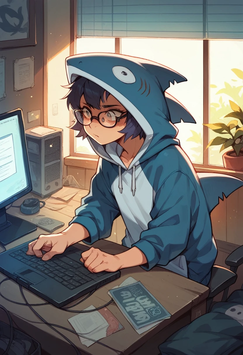 girl,short hair,Wear glasses,cool, Play Computer, shark costume, Wear a shark hoodie.,Toon