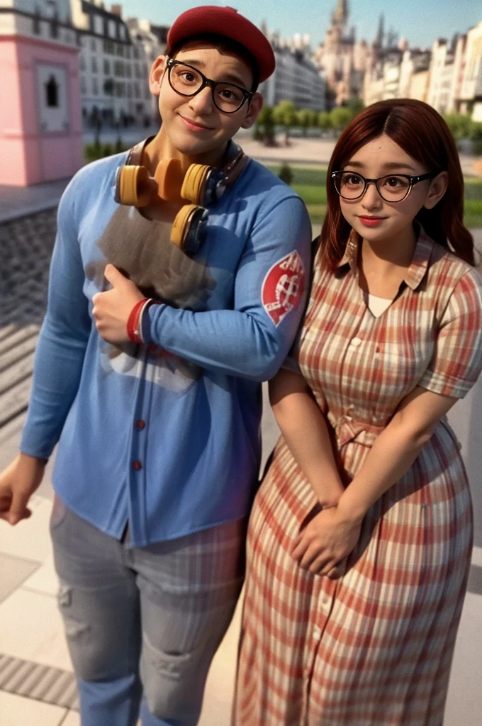 (masterpiece, best quality:1.2), A couple , boy Nino Lahiffe: Brown skin, dark hair, usually seen wearing a red cap, glasses, and casual clothing like a T-shirt and jeans, and a girl Alya Césaire: Brown skin, curly dark brown hair, often wears glasses, and typically seen in stylish, casual outfits. A casual day out with both characters in their everyday attire,Sharing a tender moment, like sitting on a rooftop overlooking Paris..(girl and boy:1), smiling, ((high resolution illustration)), ((extremely detailed)), (couple), Alya, Nino, Nino X Alya, (best quality,4k,8k,highres,masterpiece:1.2), ultra-detailed, realistic:1.37, HDR, studio lighting, extreme detail description, nino wearing a red cap, professional, vibrant colors, bokeh, ((muscular female bodybuilder)), detailed lips, strong embrace, romantic scene, intimate moment, intense passion, athletic bodies, fitness couple, gy