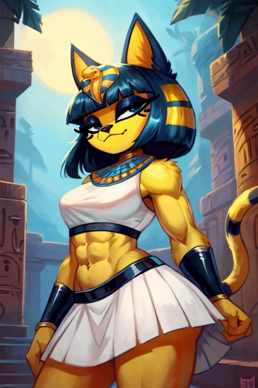 ((best quality)), ((masterpiece)), (detailed), a digital sideview artwork of a long-haired ankha with abs wearing a crop top of her white sleeveless dress with white long skirt, a bare midriff and a bare navel, ((trending on artstation)), ((4k)), furry, anthro style, 2d style, smug face,blue Egyptian handbands