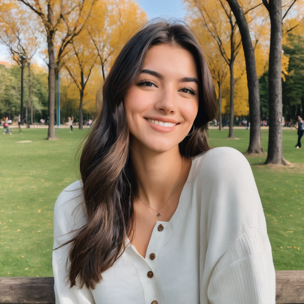 Cuty brunette, in a park, she's smiling and seeing the camera