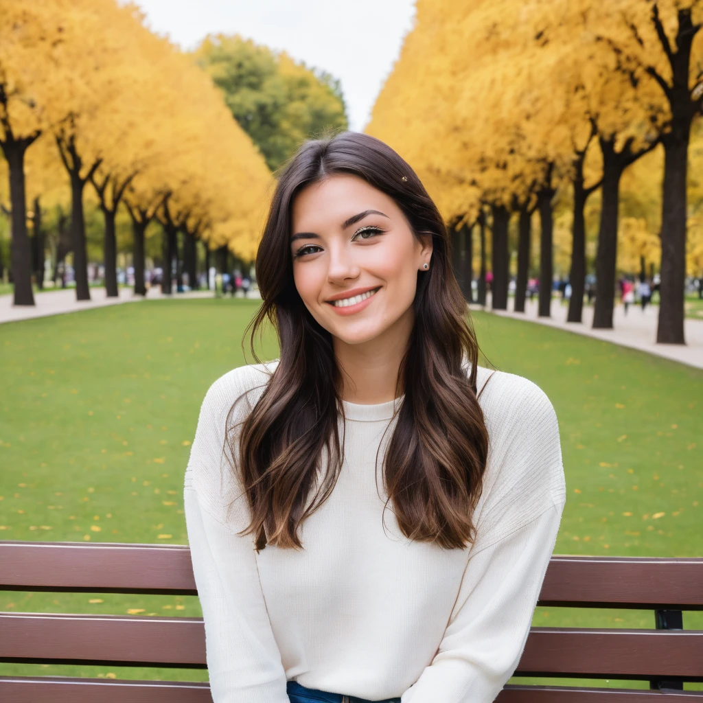 Cuty brunette, in a park, she's smiling and seeing the camera