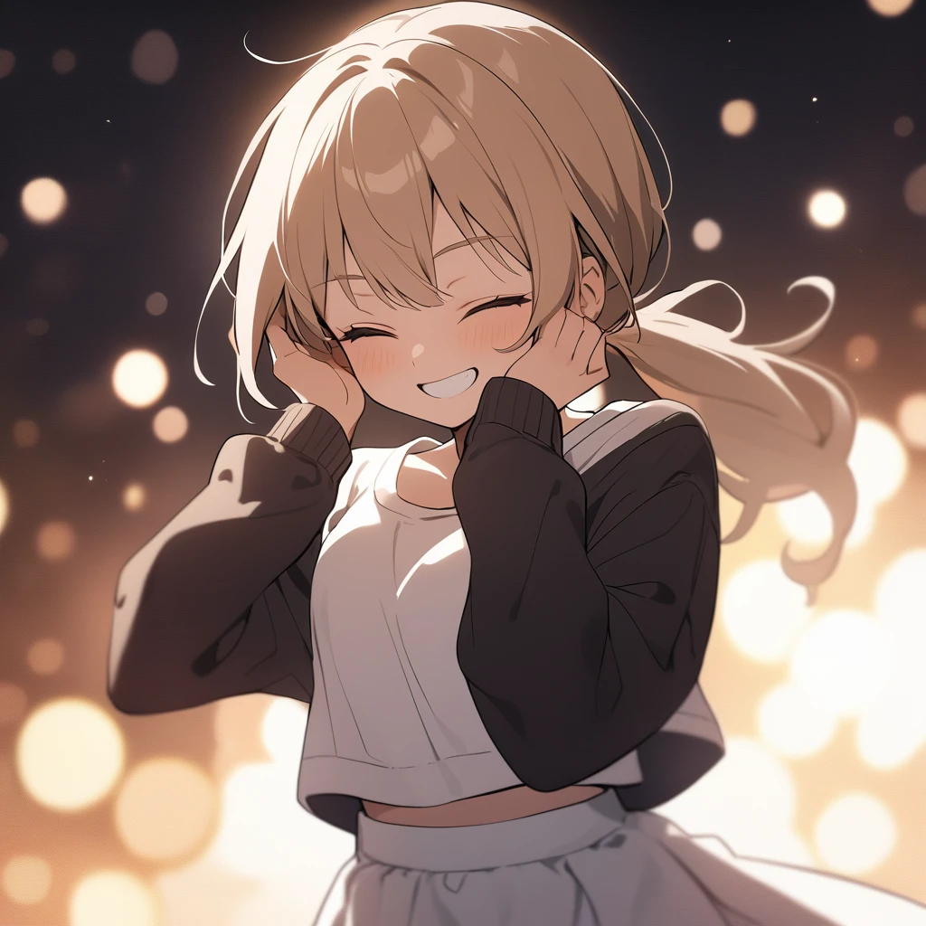 masterpiece, top quality, color, line art, young woman, solo, 20 years old, flat chested, single, ponytail, light brown hair, dazzling, black cardigan, white t-shirt, long white skirt, grinning, standing, hands on face, eyes closed, dazzling expression, mouth open, front view, white background, simple background, shallow depth of field, ambient light, high detail, high budget, bokeh, CinemaScope, moody, epic, gorgeous film grain, grainy