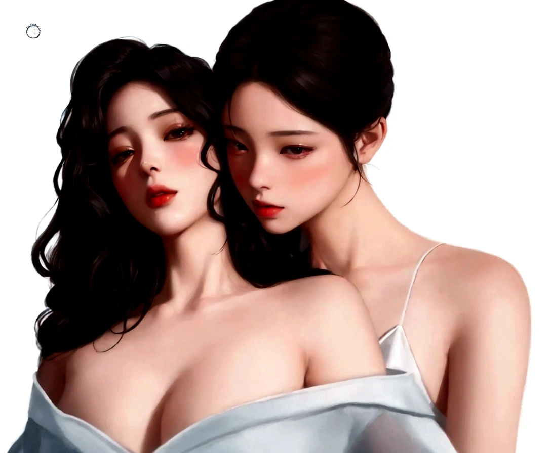 there are two women that are posing for a picture together, artwork in the style of Guvez, In the art form of the pond, digital anime illustration, Guvez, Inspiration from Wang Khu, two women, Realistic art style, Inspired by Sim Sa Jung, glossy digital painting, Realistic art style, Wolop and Sakimi-chan, two women