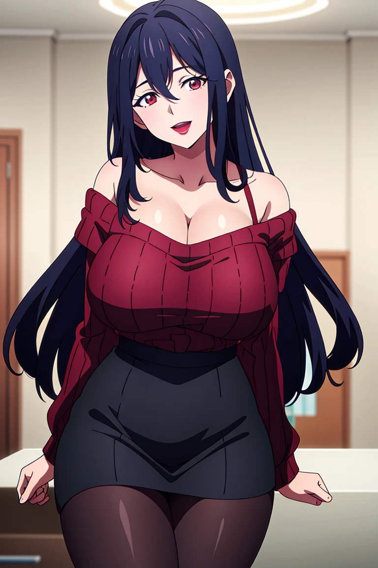 masterpiece, perfect lighting, (beautiful, best quality:1.3), perfect eyes, absurdres, 8k,
1girl, solo, (absurdres), finely detail, 
long hair, saori_ohtori, black hair, , red eyes,  smile, hair between eyes, large breasts, long legs, skinny, (lipstick:1.1), :d, 
(red ribbed sweater:1.1), black shirt, pantyhose, huge breast huge pelvis thick thighs ,((off shoulder deep cleavage)),((exposing breast))