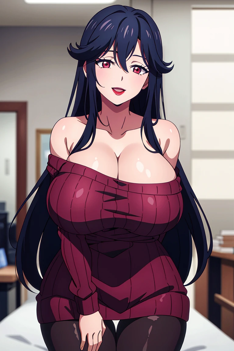 masterpiece, perfect lighting, (beautiful, best quality:1.3), perfect eyes, absurdres, 8k,
1girl, solo, (absurdres), finely detail, 
long hair, saori_ohtori, black hair, , red eyes,  smile, hair between eyes, large breasts, long legs, skinny, (lipstick:1.1), :d, 
(red ribbed sweater:1.1), black shirt, pantyhose, huge breast huge pelvis thick thighs ,((off shoulder deep cleavage)),((exposing breast))