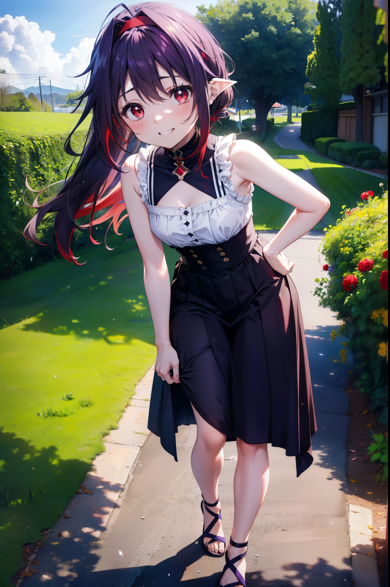 yuukikonno, Konno Yuuki, hair band, Long Hair, Pointed Ears, Purple Hair, (Red eyes:1.5), (Small breasts:1.2),Side Ponytail,smile,Grin,Purple sleeveless dress、Cute Sandals,Put your right hand on your hip,Push-type suitcase,Are standing,Daytime,whole bodyがイラストに入るように, break looking at viewer, whole body, break outdoors,countryside, Residential Street,In town, break (masterpiece:1.2), Highest quality, High resolution, unity 8k wallpaper, (figure:0.8), (Detailed and beautiful eyes:1.6), Highly detailed face, Perfect lighting, Extremely detailed CG, (Perfect hands, Perfect Anatomy),チックなmorning日,morning,Extreme light,
