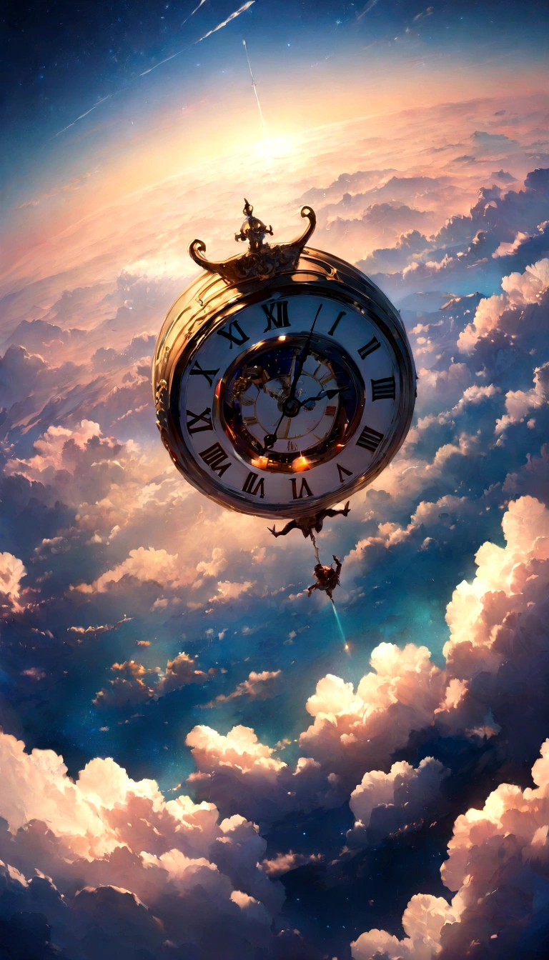 Very detailed CG Unity 8K 壁紙、Cinematic lighting、Lens flare、Beautiful detailed eyes、landscape、Ultra HD、cloud、8K quality、Ultra Sharp、Real Light、Surreal、Ridiculous Resolutions, High resolution, (masterpiece:1.4), Very detailed, One boy, View from above, space, floating, - At six o'clock