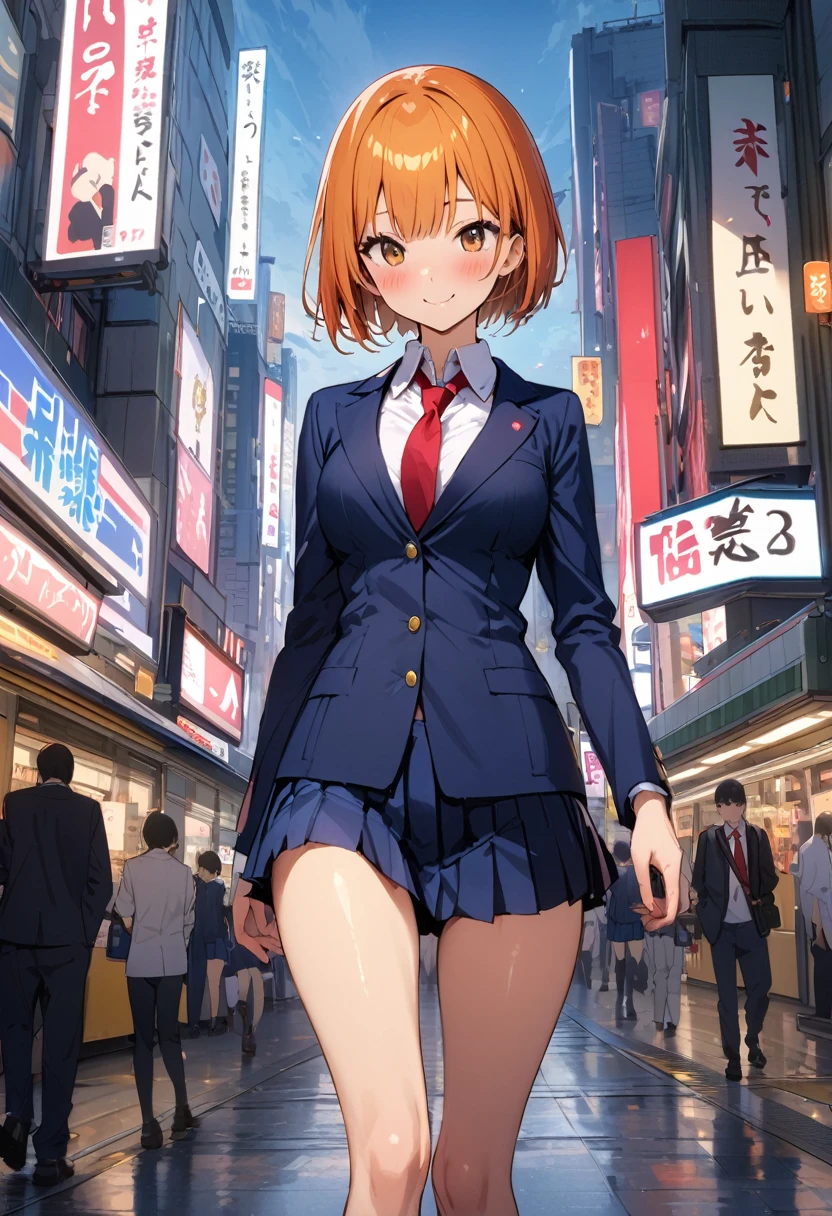 ((masterpiece,Highest quality:1.3,best quality illustration)),cowboy shot,1woman,16-year-old Japan beauty,((very small head:1.4)),short bob hair,bangs,(orange hair),brown eyes,gorgeous eyes,blush,smile,medium breasts,((very long body)),(School uniform,Navy blue blazer、Red tie、White Shirt、Navy blue pleated mini skirt),(toned body,slender body,skinny),gleaming skin,shiny skin,oily skin,standing,Shibuya Station、Tokyo