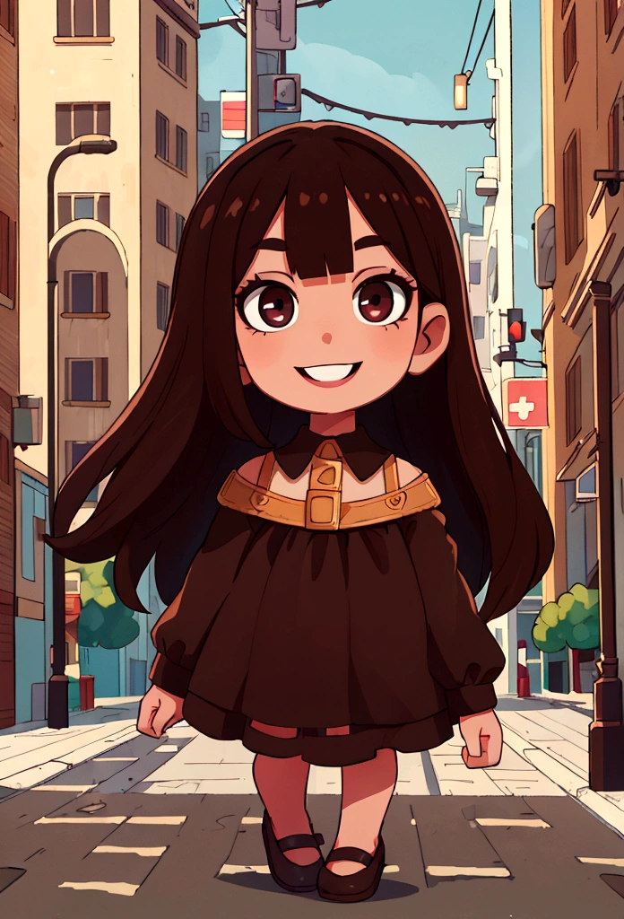 ((Best quality, 8k, Masterpiece :1.3)), 1girl, smiling, full body, slim face, Pretty woman, (Dark brown hair), full length dress :1.1, Ultra-detailed face, Detailed eyes, Double eyelid,  blur background, slim face, city, outside, street,  