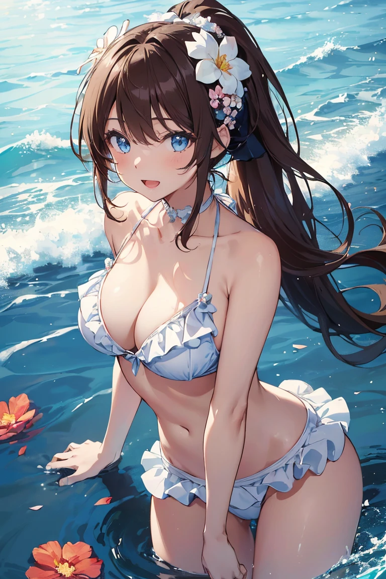 ((High quality, masterpiece, very high resolution, skin with fine details, eyes with fine details), digital painting illustration, 4K image quality, an anime girl in bikini holding flowers next to the ocean and water, 1girl, flower, solo, breasts, bikini, swimsuit, blue eyes, smile, white bikini, cleavage, frilled bikini, brown hair, navel, large breasts, looking at viewer, ponytail, bouquet, hair ornament, hair flower, white bow, choker, long hair, jewelry, frills, open mouth, petals