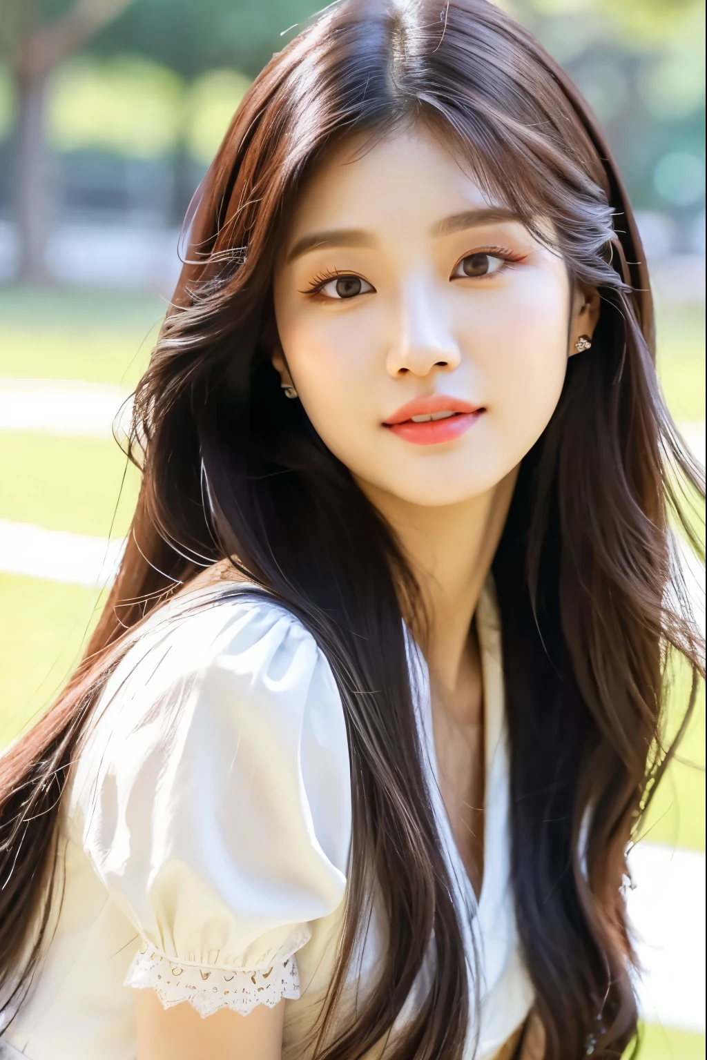 a close up of a woman with long hair and a white dress, popular south korean makeup, kim doyoung, jaeyeon nam, popular korean makeup, lee ji-eun, lee ji - eun, blackpink jennie, heonhwa choe, beautiful south korean woman, park ji-min, jinyoung shin, hwang se - on, gongbi