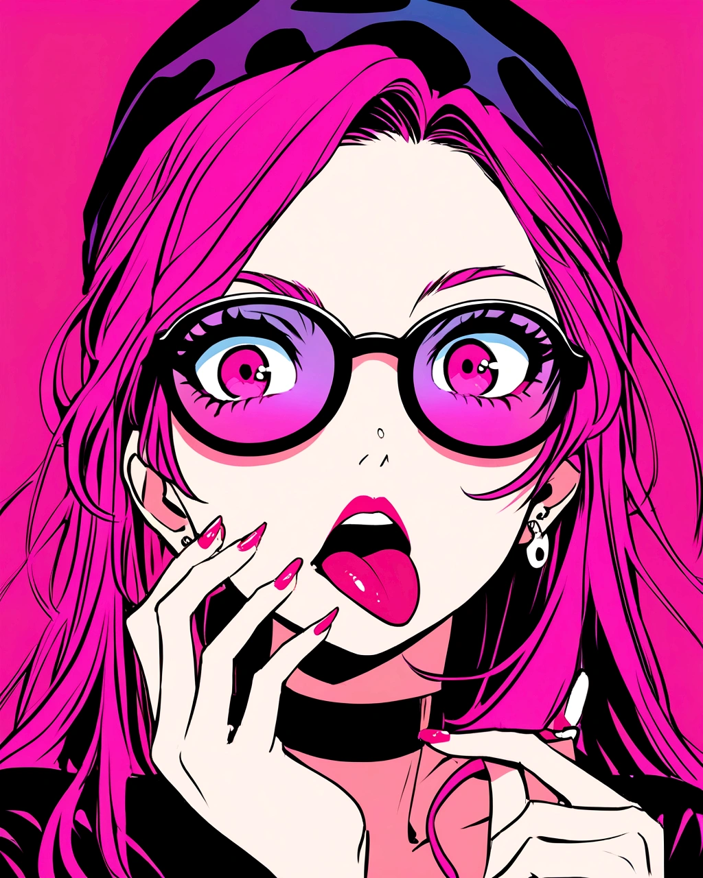 A digital art of a girl with a playful expression, sticking out her tongue and touching her cheek with her hand. She wears a blue baseball cap, round pink sunglasses, and a black choker. Her hair is messy and dark, with strands falling over her face. The background is solid pink, creating a vibrant and edgy atmosphere. The girl has pink eye makeup, matching her sunglasses, and her nails are painted red. The style is modern and slightly exaggerated, typical of anime or manga illustrations.