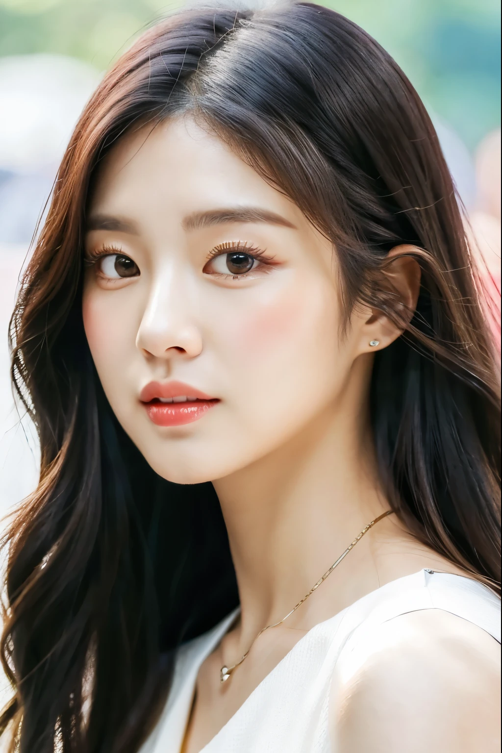 a close up of a woman with long hair and a white dress, popular south korean makeup, kim doyoung, jaeyeon nam, popular korean makeup, lee ji-eun, lee ji - eun, blackpink jennie, heonhwa choe, beautiful south korean woman, park ji-min, jinyoung shin, hwang se - on, gongbi