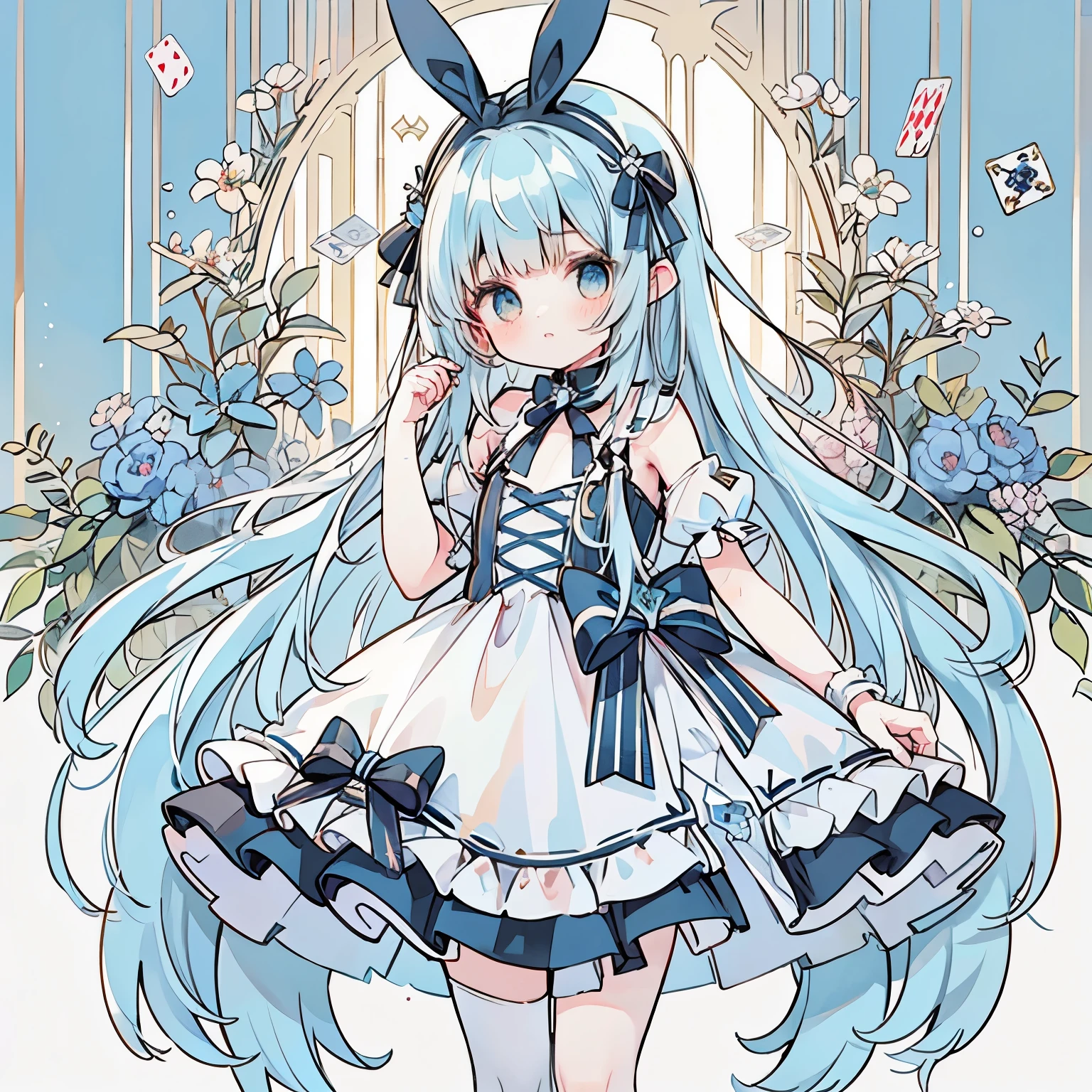 ,Amazing,beautiful detailed eyes,blunt bangs ,(((( light blue long hair)))),,(tiny 1girl model:1.2),(flat chest),((masutepiece，Top image quality，Best Quality，8K，​masterpiece))Upper body only，girl1，((alice in the wonderland))，a blond，Long，Large black ribbon on the head，Playing cards in the background，Light blue dress，Being in nature，