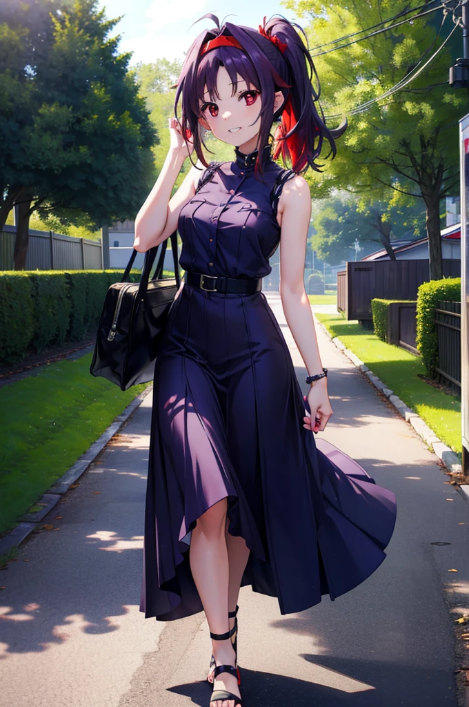 yuukikonno, Konno Yuuki, hair band, Long Hair, Pointed Ears, Purple Hair, (Red eyes:1.5), (Small breasts:1.2),Side Ponytail,smile,Grin,Purple sleeveless dress、Cute Sandals,Put your right hand on your hip,Push-type suitcase,Are standing,Daytime,whole bodyがイラストに入るように, 　　　　　break looking at viewer, whole body,  　　　　　　　　　　　　　　　　　　　break outdoors,countryside, Residential Street,In town,　　　　　　　　　　　　break (masterpiece:1.2), Highest quality, High resolution, unity 8k wallpaper, (figure:0.8), (Detailed and beautiful eyes:1.6), Highly detailed face, Perfect lighting, Extremely detailed CG, (Perfect hands, Perfect Anatomy),チックなmorning日,morning,Extreme light，　　　　　　　　　　