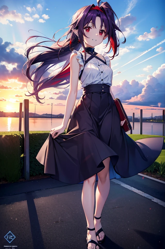 yuukikonno, Konno Yuuki, hair band, Long Hair, Pointed Ears, Purple Hair, (Red eyes:1.5), (Small breasts:1.2),Side Ponytail,smile,Grin,Purple sleeveless dress、Cute Sandals,Put your right hand on your hip,Push-type suitcase,Are standing,Daytime,whole bodyがイラストに入るように, 　　　　　break looking at viewer, whole body,  　　　　　　　　　　　　　　　　　　　break outdoors,countryside, Residential Street,In town,　　　　　　　　　　　　break (masterpiece:1.2), Highest quality, High resolution, unity 8k wallpaper, (figure:0.8), (Detailed and beautiful eyes:1.6), Highly detailed face, Perfect lighting, Extremely detailed CG, (Perfect hands, Perfect Anatomy),チックなmorning日,morning,Extreme light，　　　　　　　　　　
