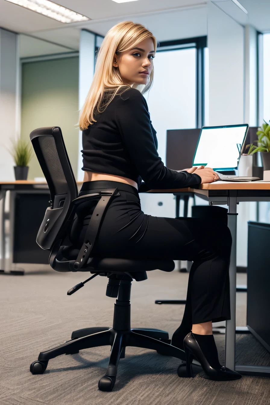 high quality,16K:1.1),((, German woman sitting in an office chair, 、Blonde Hair、((Office Lady Suits、Pants Style)), tights,,(View your audience:1.3),(Full Body Shot:1.2),(Background is Office 1.2),