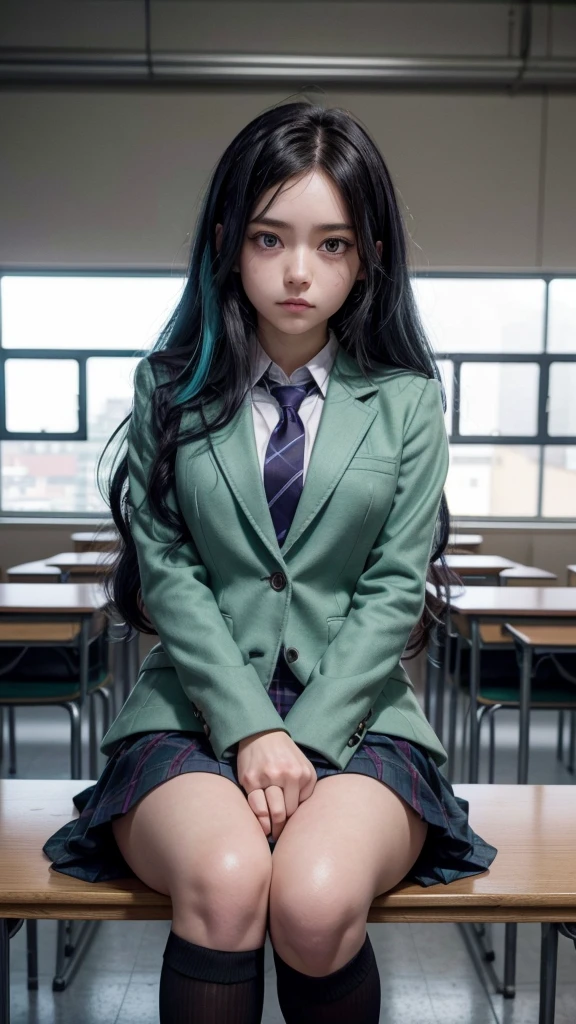 2D character from the anime Boku no hero academia. Screenshot from boku no hero academia of a ager, (Black hair with mint blue at the ends, long and wavy a little messy) + (Tired expression with dark circles, purple but bright eyes) + she wears a uniform, gray blazer, red tie and green skirt, she is sitting resting her head on her arm, black stockings above the knee, black sneakers, classroom in the background.