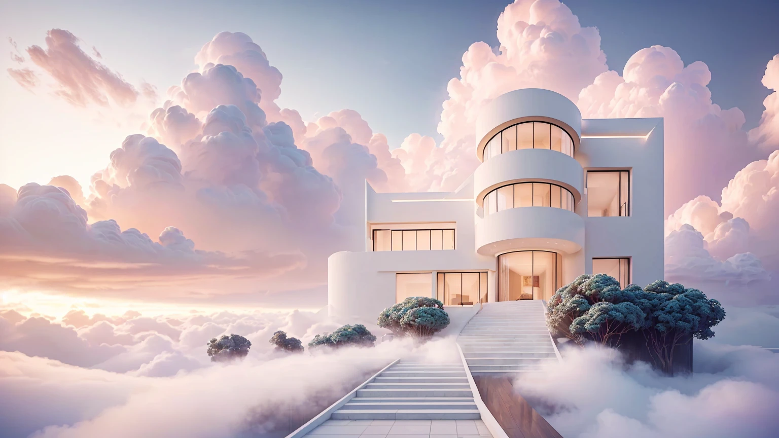 arafed view of a house with stairs leading to a balcony, futuristic and ethereal, vaporwave mansion, cloud palace, rounded architecture, a surreal dream landscape, futuristic house, inspired by Mike Winkelmann, in the art style of filip hodas, breathtaking render, architectural render, dreamy landscape, surreal dream landscape, artem demura beeple