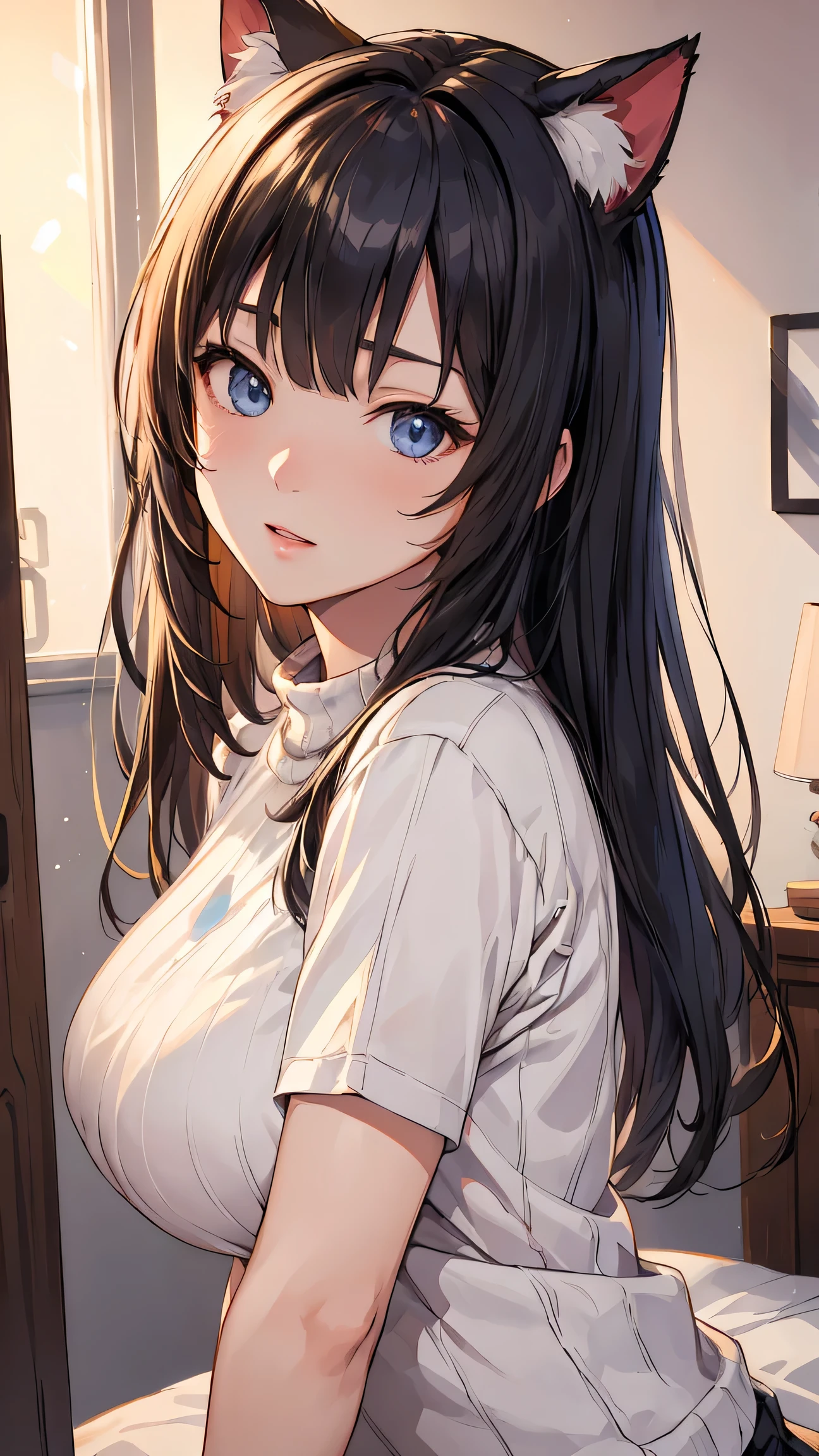 ((White off-the-shoulder sweater)) 、1 girl、 black hair ponytail、beautiful eyes、black choker、Bedroom、Superlative quality、((Top-notch image quality))、Neat and clean girls、beautiful girl、erotic expression、cute、I can see the whole body、Dainty girl、