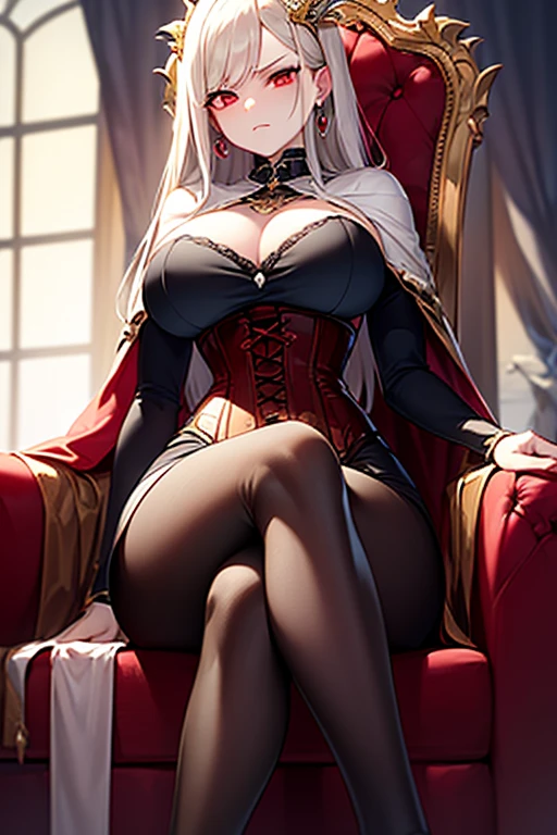 masterpiece, extra limbs, 1vampire lady, 250 years old,(light gold extra long hair), slant blank ruby red eyes, big breasts, muscle,(pale white finely detailed skin), (serious),(((clothed:1.5 corset dress))),hair ornaments,earrings,cape,evil sword,crossed legs,sitting on throne,old castle,midnight