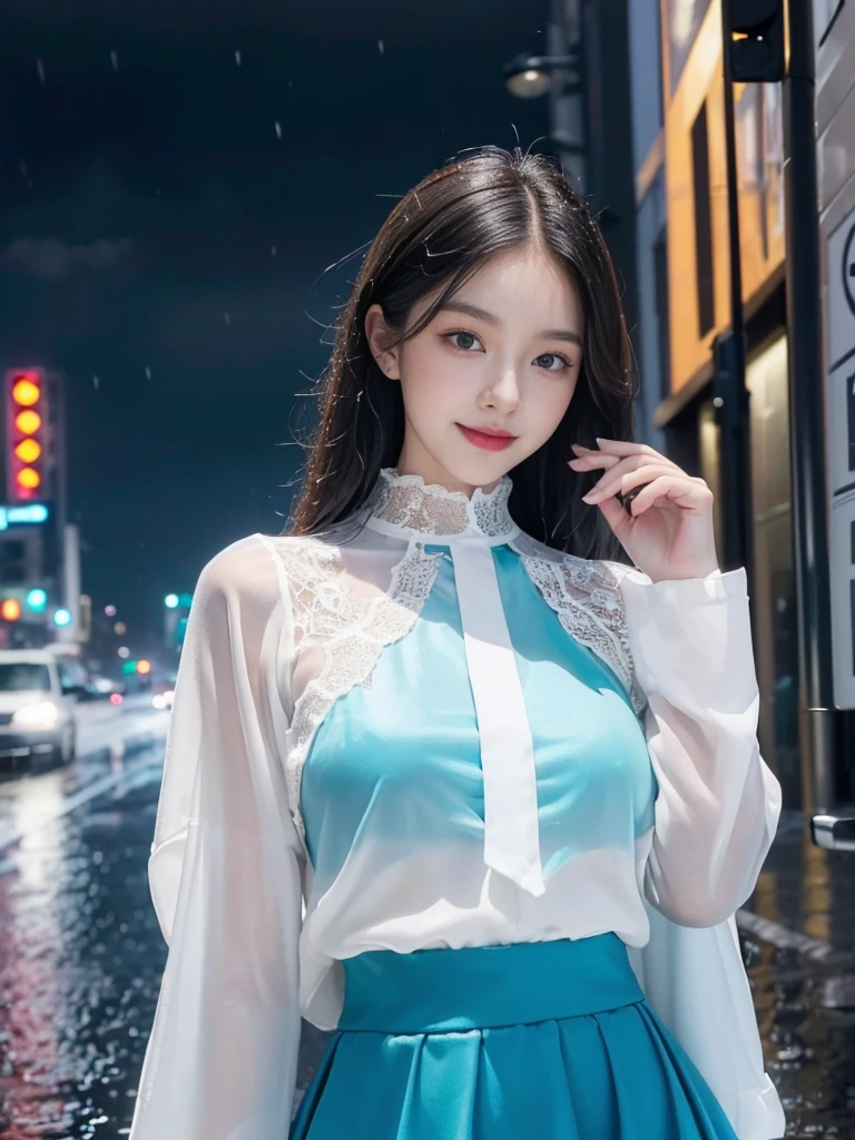 ((best quality, 8K, masterpiece: 1.3)),upper body,Black Hair, black eye,sharp focus: 1.2, beautiful woman with a perfect body: 1.4, ((Medium Hair, large: 1.2)), (small and beautiful hard (White long sleeve blouse with lace、Silk Tight dark turquoise long skirt), (wet from rain: 1.2), (rain, street: 1.2), wet body: 1.1, Highly detailed face and skin texture, detailed eyes, double eyelids, White skin,,E cup,smile,Financial district of the big city,Skyscraper,White skin,Wet Hair、Wet Skin、Wet clothes、smile、