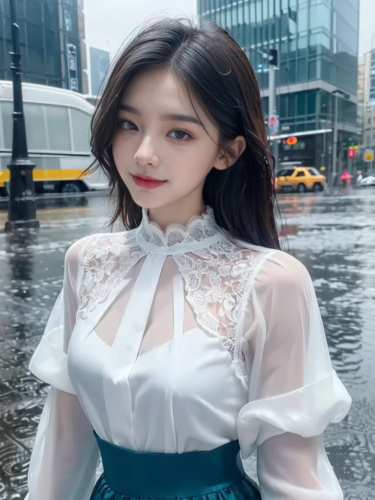 ((best quality, 8K, masterpiece: 1.3)),upper body,Black Hair, black eye,sharp focus: 1.2, beautiful woman with a perfect body: 1.4, ((Medium Hair, large: 1.2)), (small and beautiful hard (White long sleeve blouse with lace、Silk Tight dark turquoise long skirt), (wet from rain: 1.2), (rain, street: 1.2), wet body: 1.1, Highly detailed face and skin texture, detailed eyes, double eyelids, White skin,,E cup,smile,Financial district of the big city,Skyscraper,White skin,Wet Hair、Wet Skin、Wet clothes、smile、