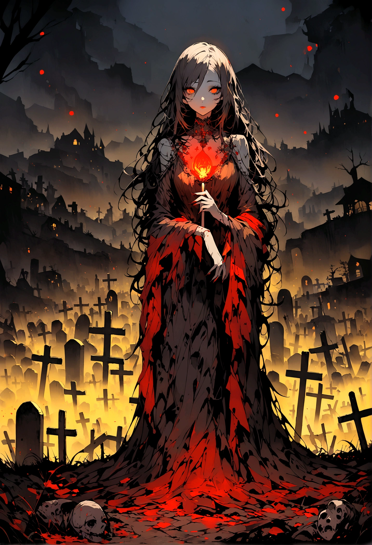 Ultra Detailed, ((Exquisite and beautiful)),(Zombie girl), (Red spell on yellow background),midnight,Dark Landscape,Graveyard at night