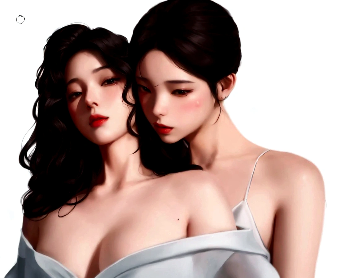 there are two women that are posing for a picture together, artwork in the style of Guvez, In the art form of the pond, digital anime illustration, Guvez, Inspiration from Wang Khu, two women, Realistic art style, Inspired by Sim Sa Jung, glossy digital painting, Realistic art style, Wolop and Sakimi-chan, two women