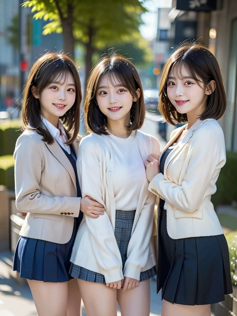 Three Beauties,3 girls,mini skirt,Wearing a uniform,blazer,smile