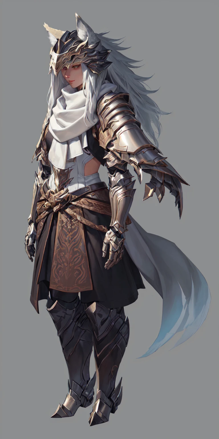 Close-up of man in wolf costume, Wolf-inspired armor, detailed Whole body concept art, detailed Whole body concept, Anthropomorphic wolf girl, Wearing a white scarf,Whole body concept, Wolf Armor, Minotaur Wolf, High resolution commissions, Female Warrior, Full body character concept, Whole body concept art, Female body