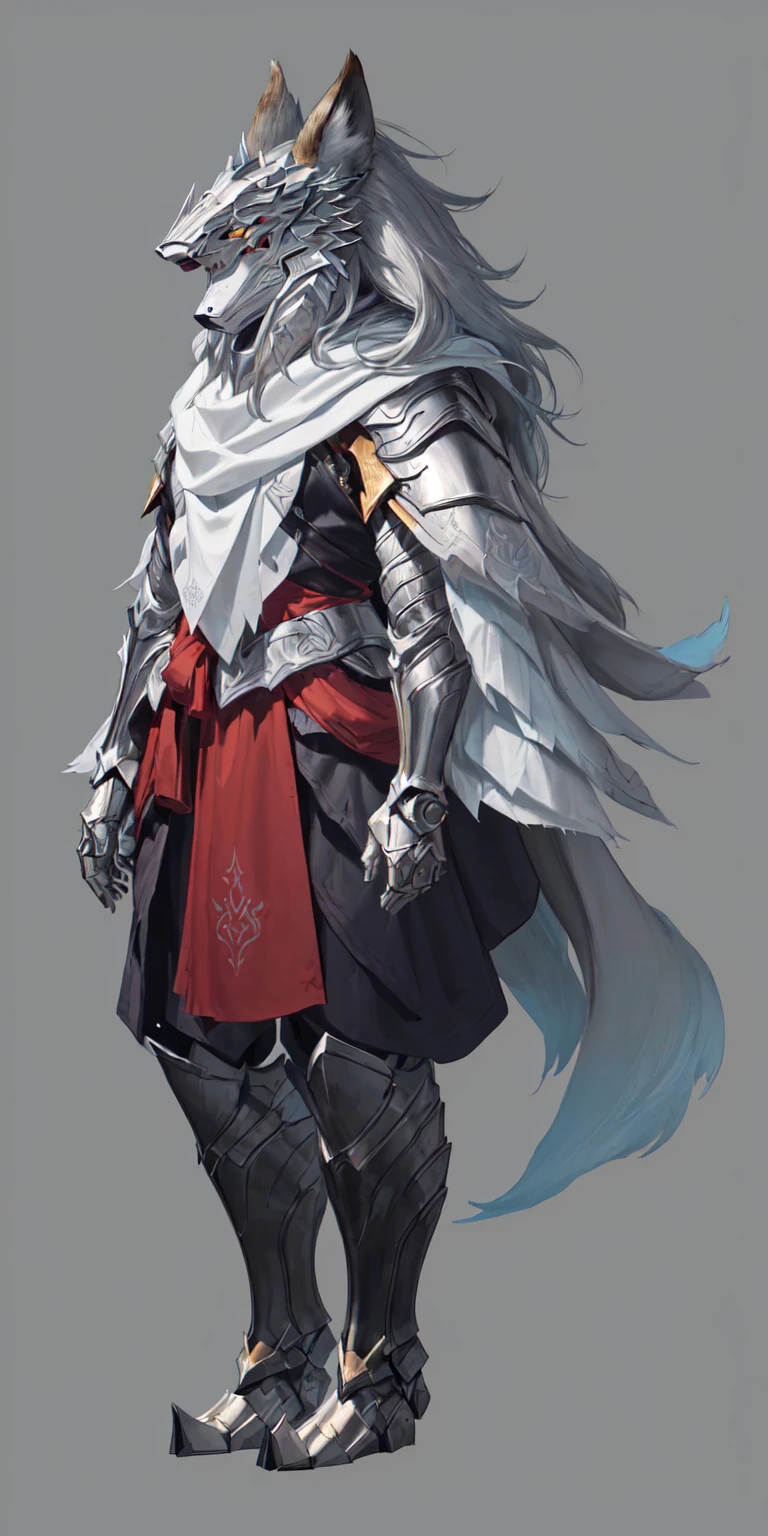 Close-up of man in wolf costume, Wolf-inspired armor, detailed Whole body concept art, detailed Whole body concept, Anthropomorphic wolf girl, Wearing a white scarf,Whole body concept, Wolf Armor, Minotaur Wolf, High resolution commissions, Female Warrior, Full body character concept, Whole body concept art, Female body