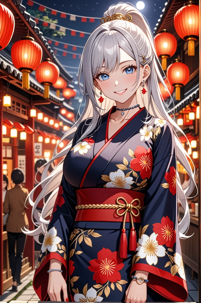 ((one girl)), hyper detailed, absurdres, 8K,Cute face, (Laugh shyly), ((teasing smile:1.8)), ((Wink:1.8)), (Laugh with your mouth wide open:1.3),(Tilt your head:1.3), View your viewers, ((Bright red cheeks:1.6)),Glossy Red Lips, ((Big Breasts:1.4)) night, Shrine festival stalls, (Brighten your face), ((Anime style background)),masterpiece, Highest quality, so beautiful,Latest, Complex details, (Pink long nails), (nail art), (ring),(bracelet), (helix piercing:1.7), (Floral Choker),AI-generated, Complex,High resolution, Highest quality, super high quality,3D Images、3D Images,One person,Long white hair,(High Ponytail), Anime woman posing for a photo,((silver eyes:1.6)), ((Fine grain、blue eyes、Shining Eyes:1.7)), (Squint your eyes:1.1),a hyperRealistic , hyperRealistic , Realistic,Anime woman with long white hair, Smooth anime CG art, With gold embroidery、A girl in a gorgeous kimono, ((Black long sleeve kimono:1.3)),(Red large floral pattern) ,Long flower hair ornament,Floral Earrings,Mature Body, expensive,Abdominal muscles,Tight waist,((face only:1.6)), (front view),