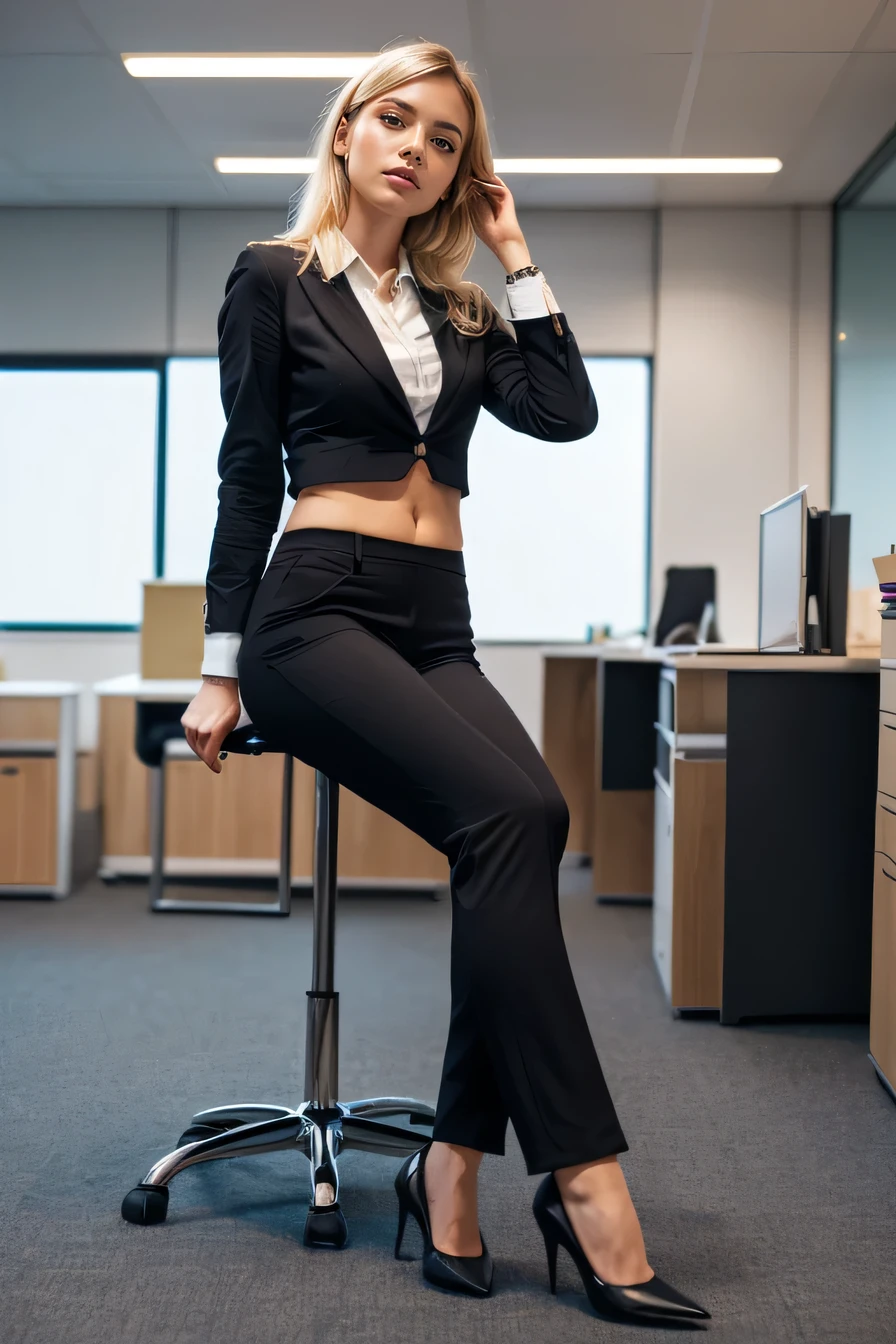 high quality,16K:1.1),((, German woman sitting in an office chair, 、Blonde Hair、((Office Lady Suits、Pants Style)), tights,,(View your audience:1.3),(Full Body Shot:1.2),(Background is Office 1.2),