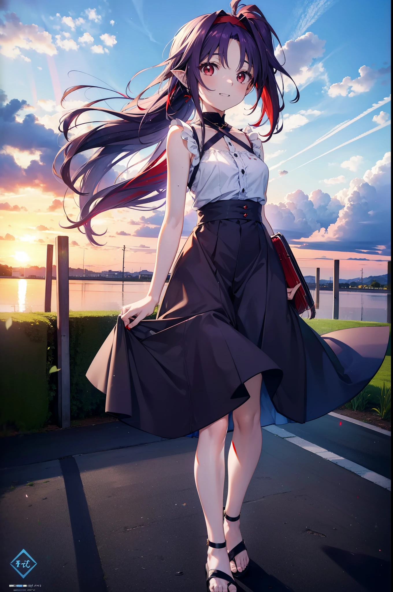 yuukikonno, Konno Yuuki, hair band, Long Hair, Pointed Ears, Purple Hair, (Red eyes:1.5), (Small breasts:1.2),Side Ponytail,smile,Grin,Purple sleeveless dress、Cute Sandals,Put your right hand on your hip,Push-type suitcase,Are standing,Daytime,whole bodyがイラストに入るように, break looking at viewer, whole body, break outdoors,countryside, Residential Street,In town, break (masterpiece:1.2), Highest quality, High resolution, unity 8k wallpaper, (figure:0.8), (Detailed and beautiful eyes:1.6), Highly detailed face, Perfect lighting, Extremely detailed CG, (Perfect hands, Perfect Anatomy),チックなmorning日,morning,Extreme light,