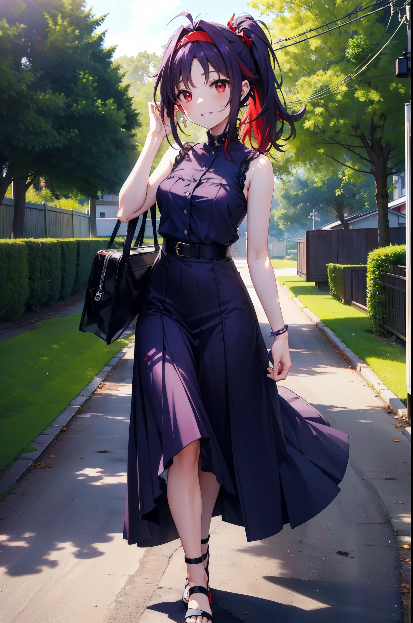 yuukikonno, Konno Yuuki, hair band, Long Hair, Pointed Ears, Purple Hair, (Red eyes:1.5), (Small breasts:1.2),Side Ponytail,smile,Grin,Purple sleeveless dress、Cute Sandals,Put your right hand on your hip,Push-type suitcase,Are standing,Daytime,whole bodyがイラストに入るように, 　　　　　break looking at viewer, whole body,  　　　　　　　　　　　　　　　　　　　break outdoors,countryside, Residential Street,In town,　　　　　　　　　　　　break (masterpiece:1.2), Highest quality, High resolution, unity 8k wallpaper, (figure:0.8), (Detailed and beautiful eyes:1.6), Highly detailed face, Perfect lighting, Extremely detailed CG, (Perfect hands, Perfect Anatomy),チックなmorning日,morning,Extreme light，　　　　　　　　　　