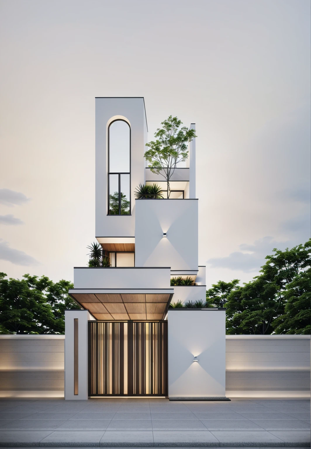 1 morden architect, main material by white wall and wood, 1large yard, 1 road runs in front of the house,  (RAW photo, real, best quality, masterpiece:1.2), look morden minimalist, 1 road in front of the house, dynamic lighting:1.3, (hyper realistic, photo-realistic:1.2), high quality, (dark lighting:1.2), perfect lighting, archdaily, no human