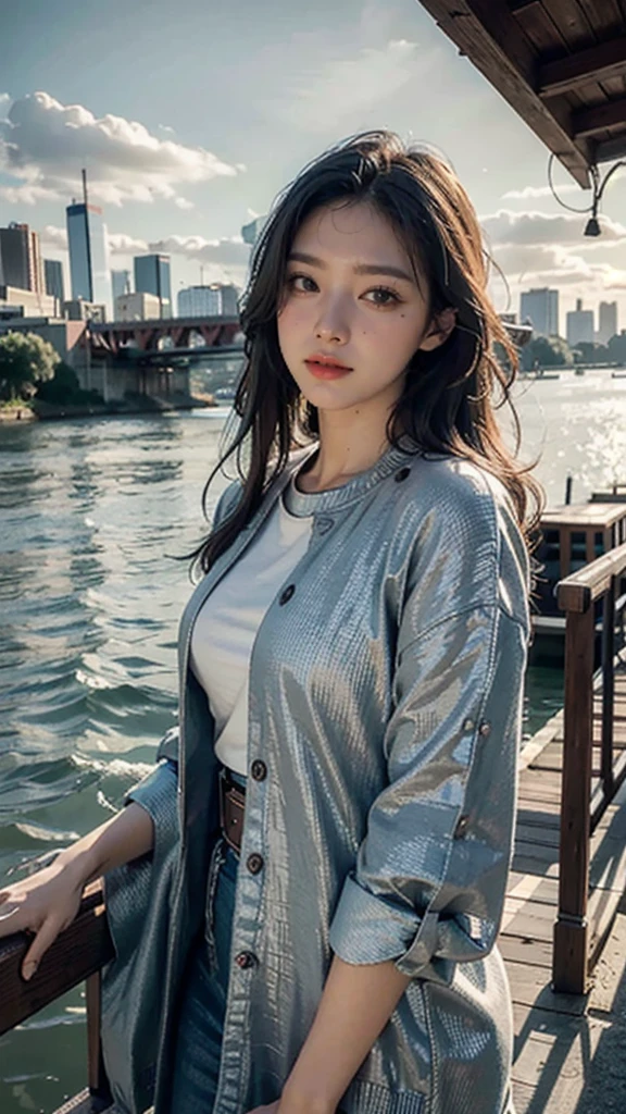 best quality, masterpiece, photo realistic, intricate details, raw photo, photon rendering, octane render, absurdres, ultra detailed, detailed face, detailed skin, trending on artstation,8k masterpiece,cinematic lighting, scenery, scenery, no humans, cityscape, sky, city, cloud, outdoors, building, sunset, city lights, bridge, river, tree, roadn, artist name,