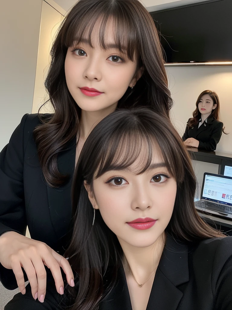 (One Woman:1.5)、Highest quality、Super detailed、4K、Japanese、Captivating beauty、Attractive adult woman、One pretty woman、one cool girl、一人のevil女、brainwashingされた、brainwashing、Fallen into evil、Grin、邪evilな表情、邪evilな笑顔、evil、Brown Hair、Wavy Hair、Swept-apart bangs、Heavy makeup、Heavy makeup、Sharp Eye、Hollow Eyes,Half-closed eyes、Hollow Eyes、purple eye shadow、Black lipstick、Black lip gloss、suit、Black jacket、blouse、Black tight skirt、night、In the office、Have lipstick