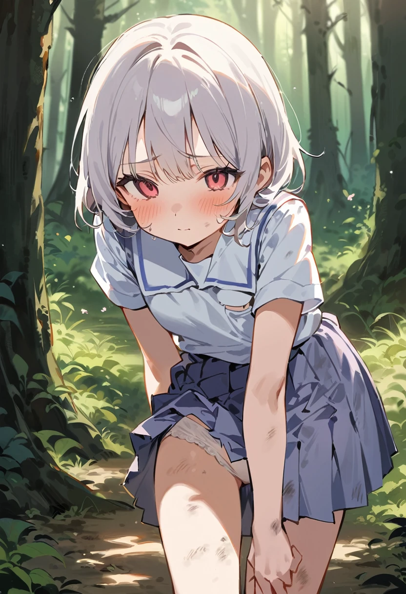beautiful detailed girl,(masterpiece,best quality,extremely detailed:1.2),((cowboy shot:1.1)),(solo,10 years old,kawaii,slender,small breasts:1.25),(pained look:0.8),((white underwear) in ((Torn school uniform)):2),(dirty:2),blush,shy,weep,standing,(deep forest:1.5),(hug:0.4),rating: general, newest,Sexy face,(primitive:1.1)