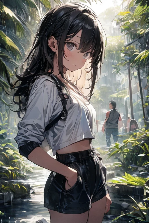 (((professional: Step by Step, taking into account even the smallest detail, God Level Final Result, full body with intricate details, only 1 girl, image: all the intricate details, Masterpiece))): "Quality 3, Wet anime, hyper details, Wet anime 17-years-old white woman with random colored hair Wet hair tied back with a red ribbon Her eyes are the same color as her wet hair, Delgado, clothing white crop top and denim miniskirt, A jungle background under a constant torrential rain that soaked them, Wet Back Posture, showing her beautiful body 92 59 90, flirty face, pedestal invisible,, Film grain, fuji colors, contrast of lights and shadows, textured skin, dynamic pose, realism, sunlight, High contrast, very sexy pose"