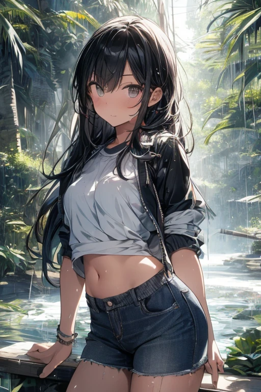 (((professional: Step by Step, taking into account even the smallest detail, God Level Final Result, full body with intricate details, only 1 girl, image: all the intricate details, Masterpiece))): "Quality 3, Wet anime, hyper details, Wet anime 17-years-old white woman with random colored hair Wet hair tied back with a red ribbon Her eyes are the same color as her wet hair, Delgado, clothing white crop top and denim miniskirt, A jungle background under a constant torrential rain that soaked them, Wet Back Posture, showing her beautiful body 92 59 90, flirty face, pedestal invisible,, Film grain, fuji colors, contrast of lights and shadows, textured skin, dynamic pose, realism, sunlight, High contrast, very sexy pose"