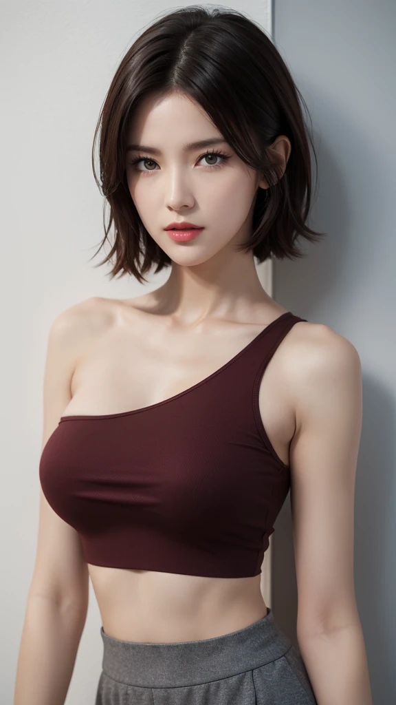 (high quality, 8K, 4K, High Contrast, masterpiece:1.2, 最high quality, Best aesthetics), One young woman, (Skin with attention to detail:1.2), Black Hair, Reddish brown eyes, Slim figure:1.4, Highly detailed face and skin texture, Beautiful - Glowing Skin, (Wine Red One Shoulder_tops, Grey checked culottes), In front of a white wall, Pause.