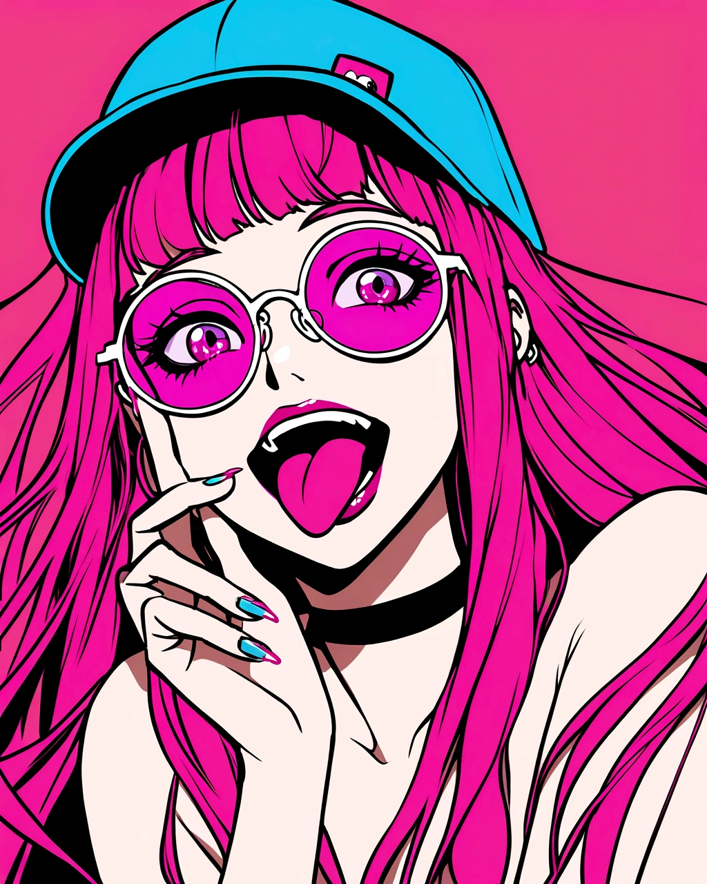 A digital art of a girl with a playful expression, sticking out her tongue and touching her cheek with her hand. She wears a blue baseball cap, round pink sunglasses, and a black choker. Her hair is messy and dark, with strands falling over her face. The background is solid pink, creating a vibrant and edgy atmosphere. The girl has pink eye makeup, matching her sunglasses, and her nails are painted red. The style is modern and slightly exaggerated, typical of anime or manga illustrations.