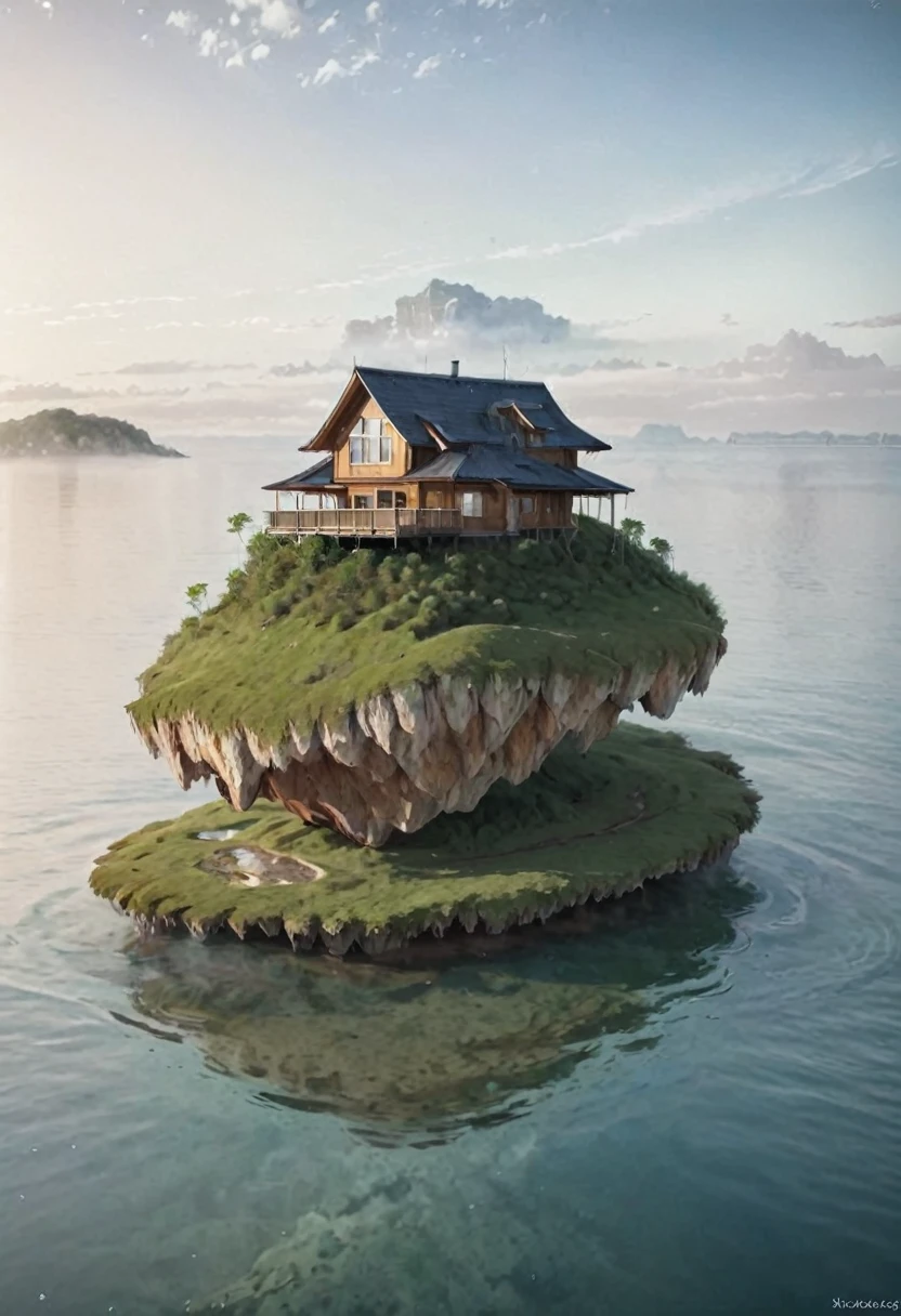 island floating in the air with a wooden house on it.