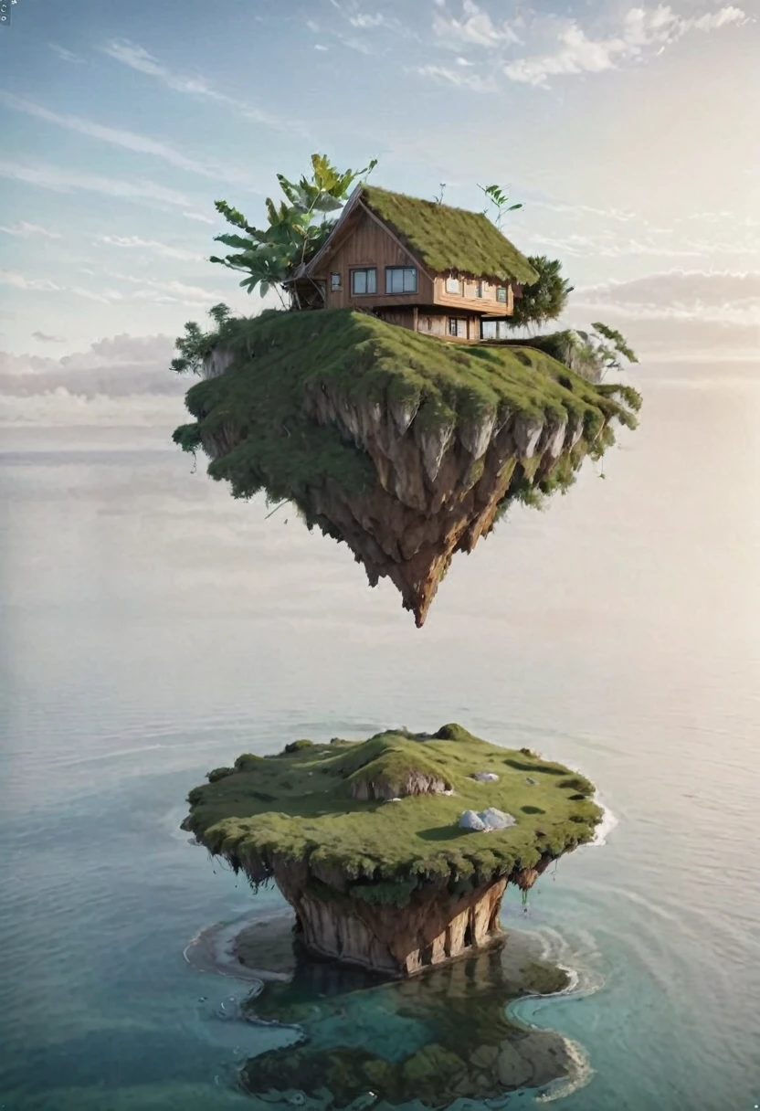 island floating in the air with a wooden house on it.