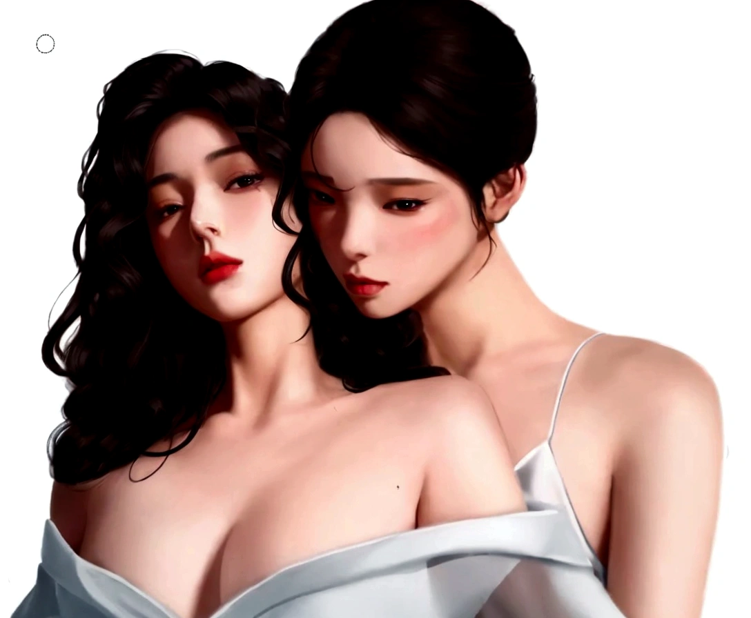 there are two women that are posing for a picture together, artwork in the style of Guvez, In the art form of the pond, digital anime illustration, Guvez, Inspiration from Wang Khu, two women, Realistic art style, Inspired by Sim Sa Jung, glossy digital painting, Realistic art style, Wolop and Sakimi-chan, two women