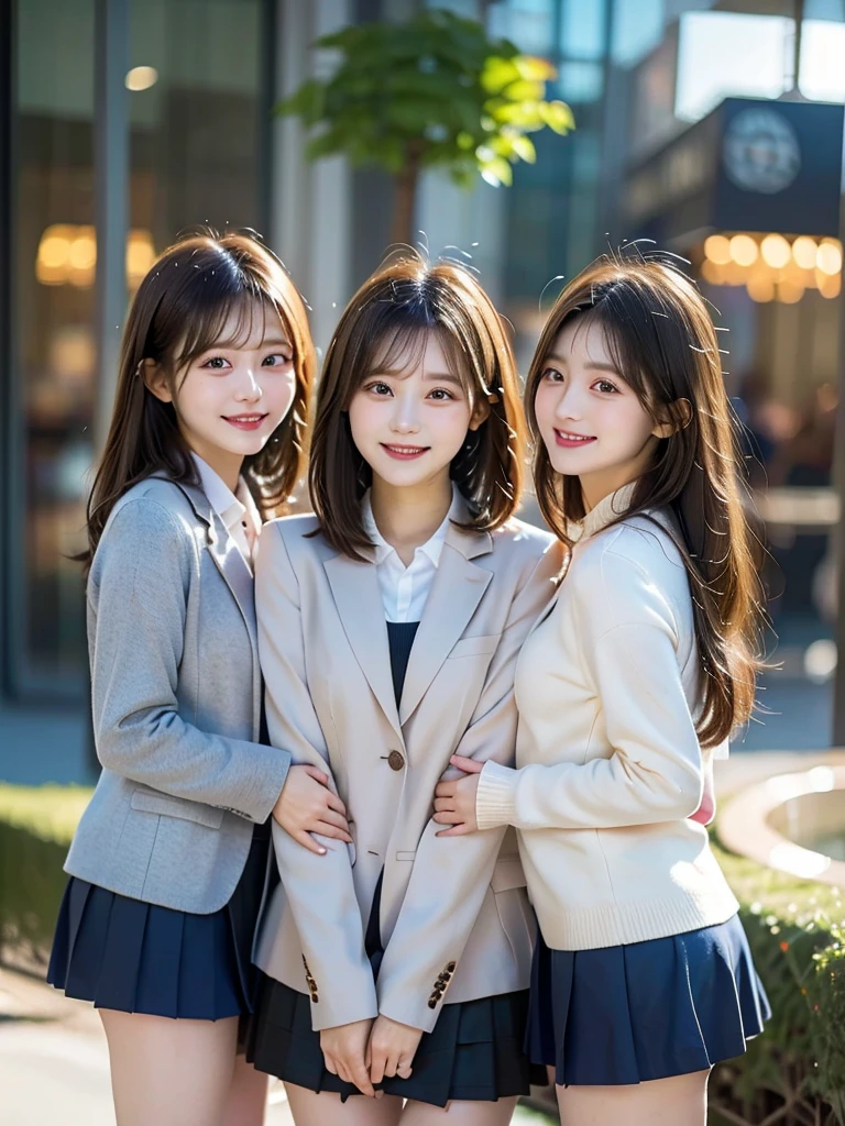 Three Beauties,3 girls,mini skirt,Wearing a uniform,blazer,smile